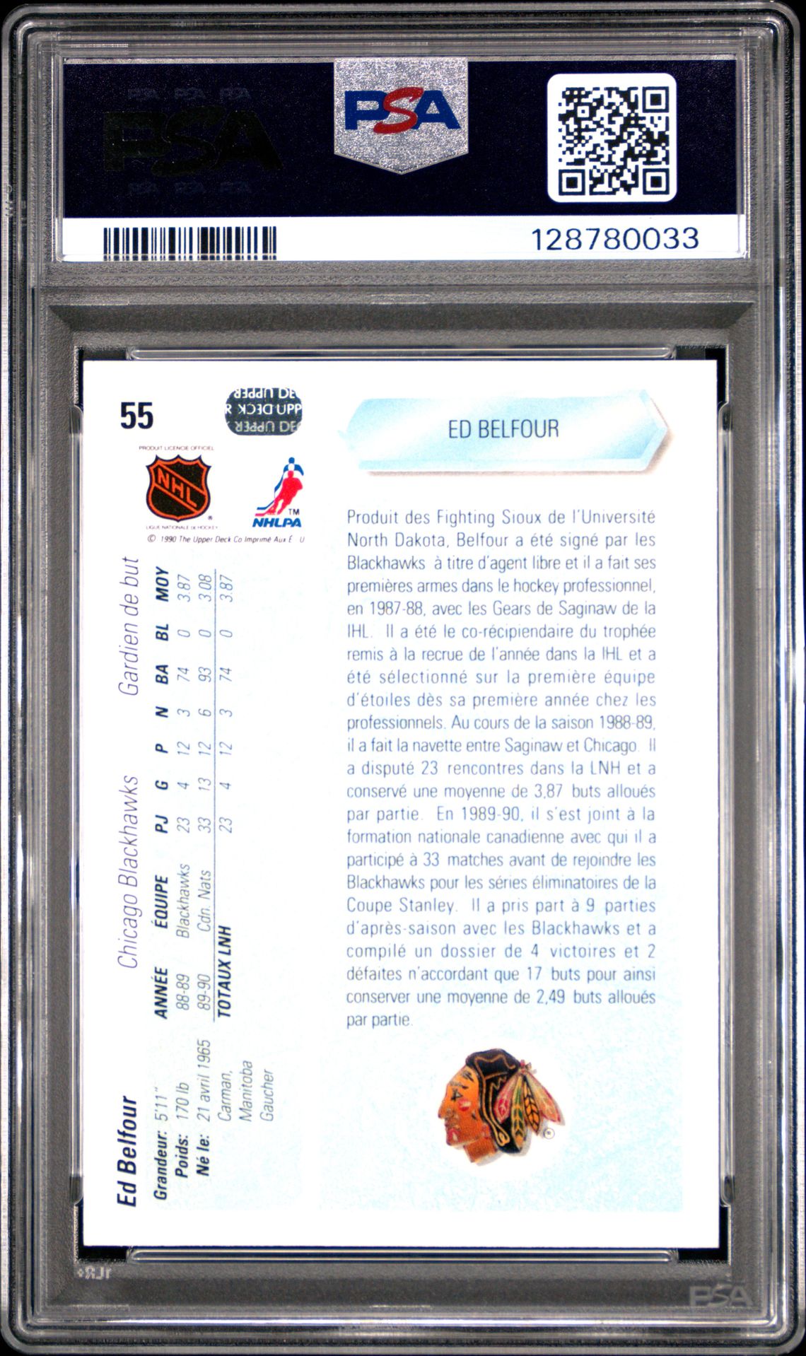 1990 Upper Deck French Ed Belfour #55 Mint 9 back