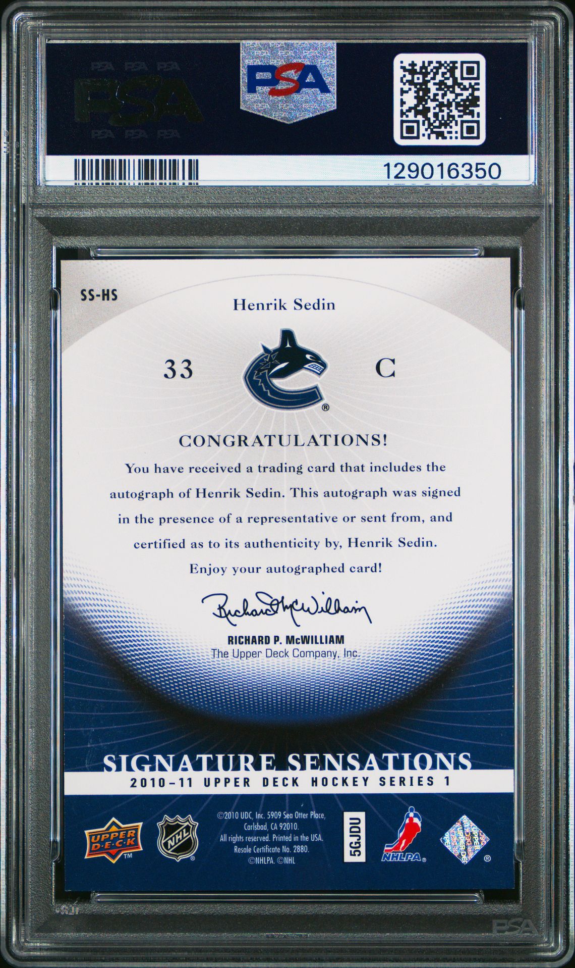 2010 Upper Deck Signature Sensations Henrik Sedin #Sshs Mint 9 back