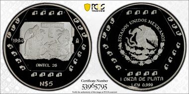 1994-Mo 5 Peso Dintel 26 KM-578  Ag PR69DCAM