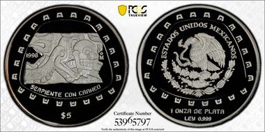 1998-Mo 5 Peso Serpiente con Craneo KM-666  Ag PR69DCAM