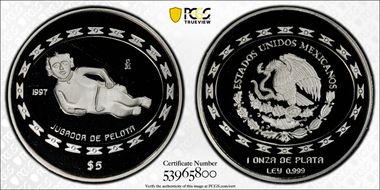 1997-Mo 5 Peso Jugador de Pelota KM-622  Ag PR69DCAM