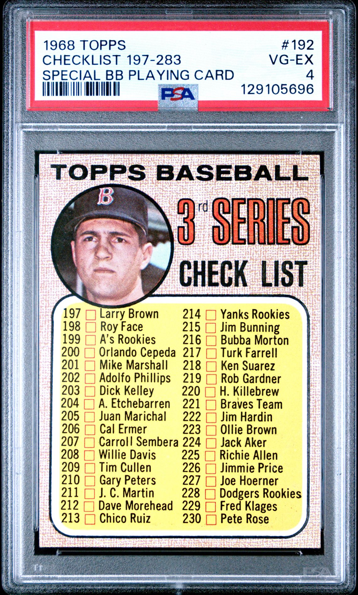 1968 Topps SPECIAL BB PLAYING CARD #192 Checklist 197-283 front