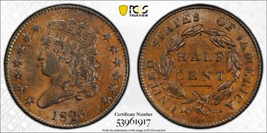 1826 1/2C MS62+ BN