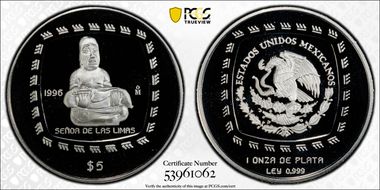 1996-Mo 5 Peso Senor De Las Limas KM-595  Ag PR69DCAM