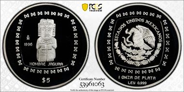 1996-Mo 5 Peso Hombre Jaguar Mo Above Date PR69DCAM