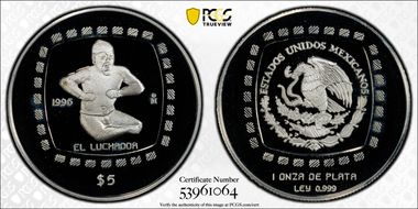 1996-Mo 5 Peso El Luchador KM-597  Ag PR69DCAM