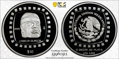 1996-Mo 10 Peso Cabeza Olmeca KM-599  Ag PR68DCAM