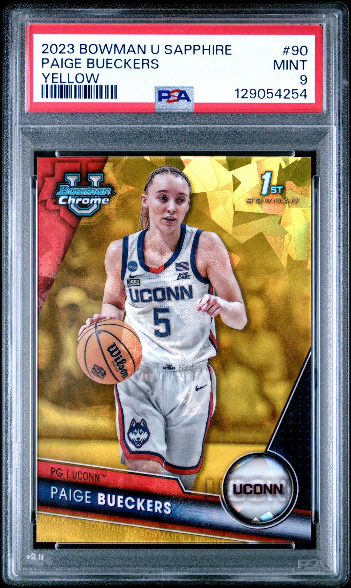 2023 Bowman BOWMAN UNIVERSITY CHROME SAPPHIRE YELLOW #90 Paige Bueckers front