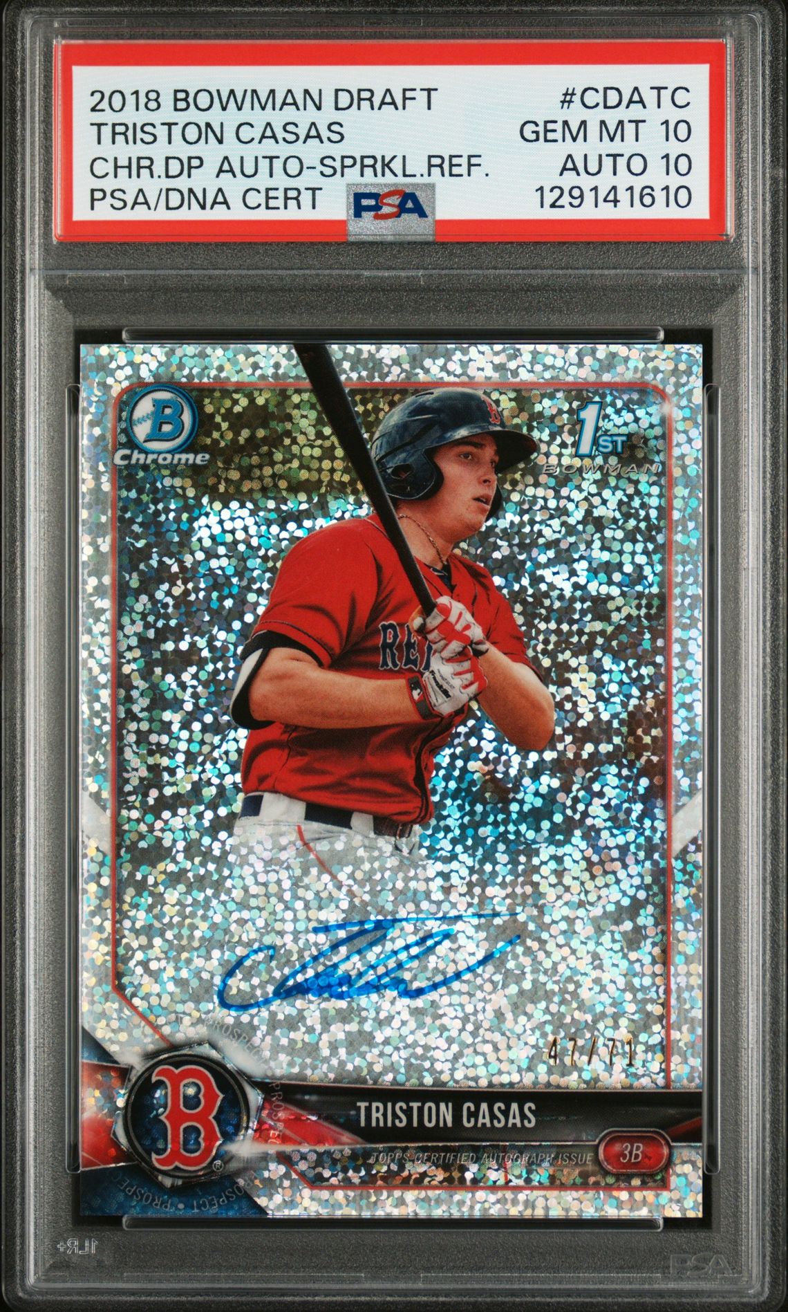 2018 Bowman BOWMAN DRAFT CHROME DRAFT PICKS AUTOGRAPHS CHR.DP AUTO-SPRKL.REF.CertificationPrimary Signer (1 Signer)TRISTON CASAS #CDATC Triston Casas front