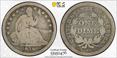 1839 10C No Drapery, F-105c VG8