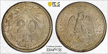 1907-M 20C Curved 7 KM-435  Ag AU58