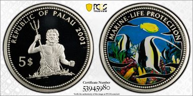 2001 $5 Morrish Idol Fish KM-75 Colorized Ag PR70DCAM