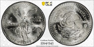 1989-Mo Onza Libertad Ag w/o Dot before 999 MS68