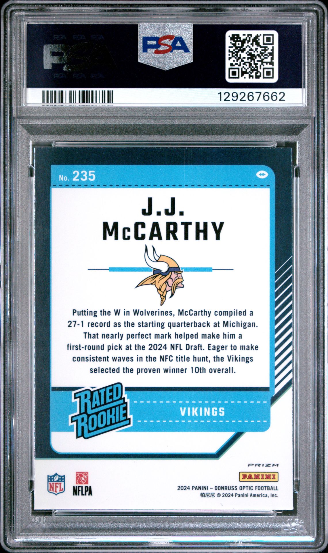 2024 Panini Donruss Optic Jj Mccarthy #235 (Purple Shock) Gem Mt 10 back