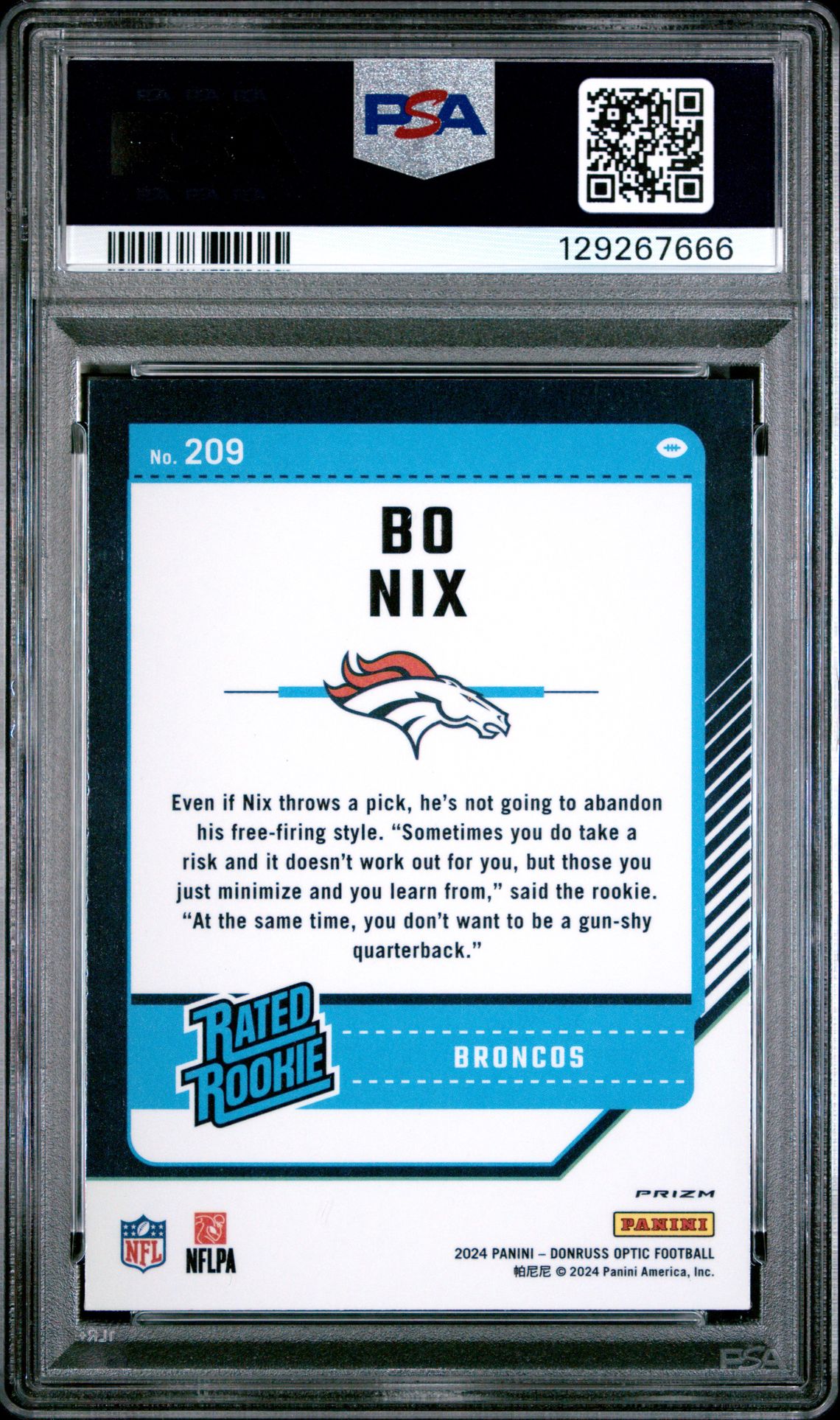 2024 Panini Donruss Optic Bo Nix #209 (Purple Shock) Gem Mt 10 back