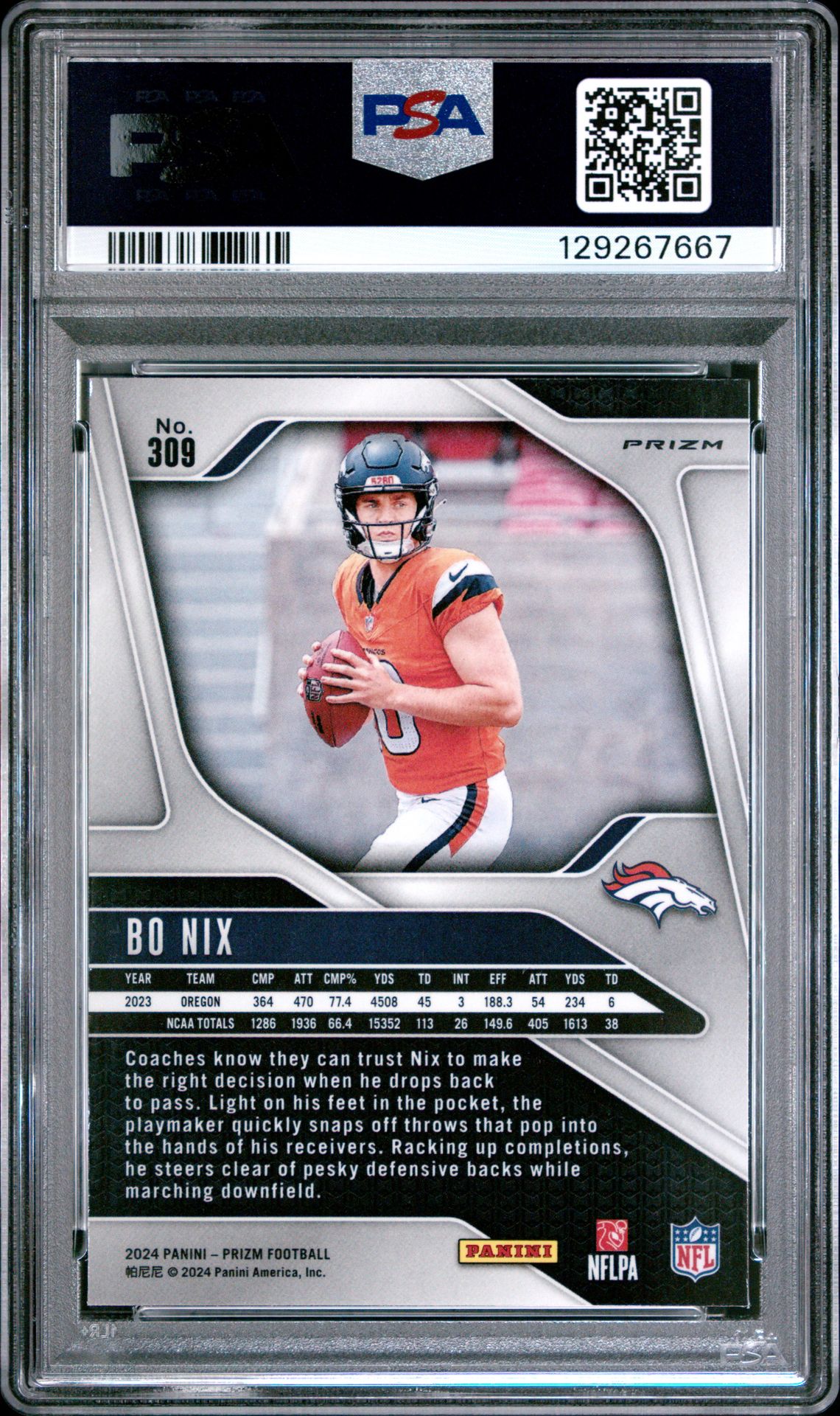 2024 Panini Prizm Bo Nix #309 (Red/White/Blue Prizm) Gem Mt 10 back