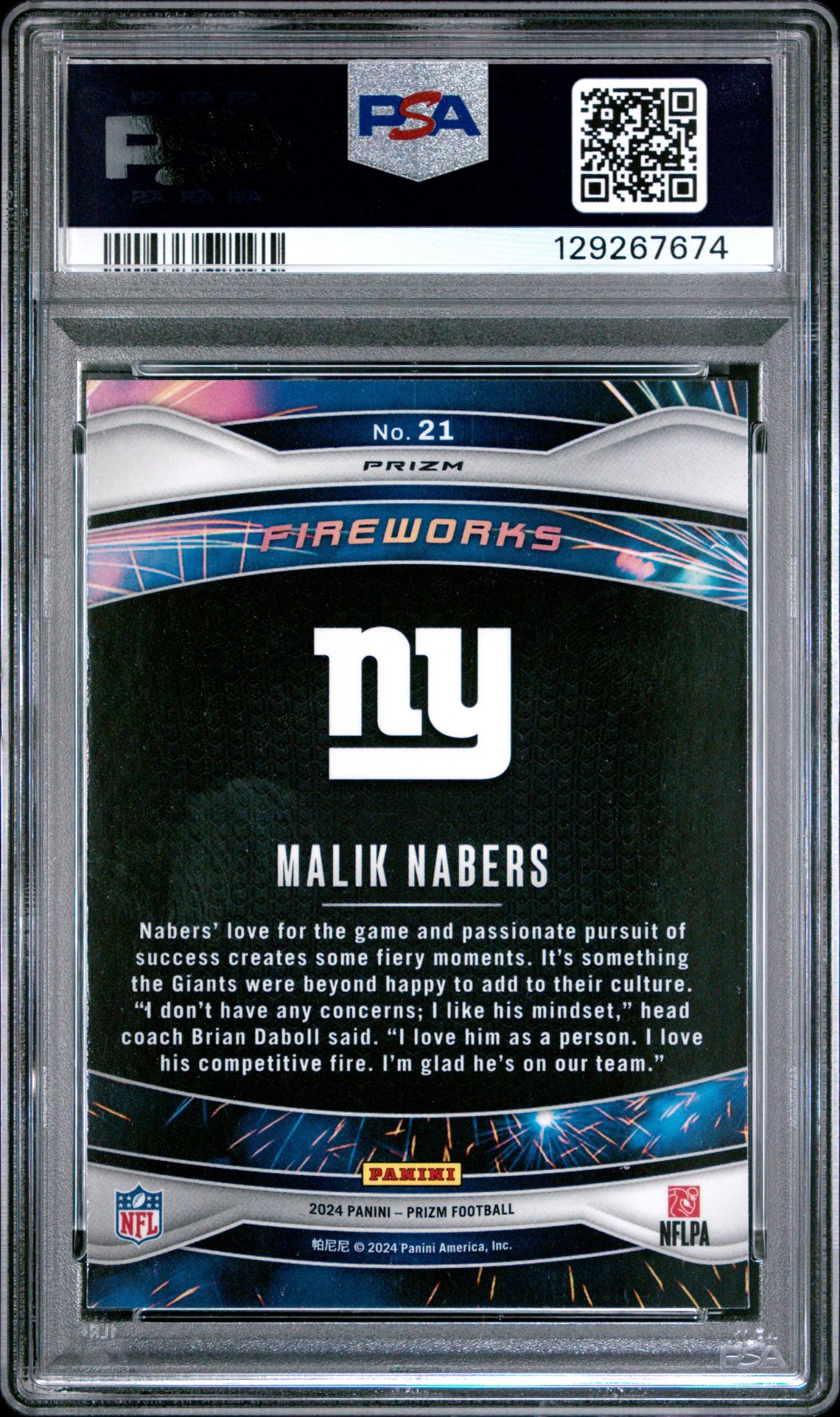 2024 Panini Prizm Fireworks Malik Nabers #21 (Fireworks-Green Wave) Gem Mt 10 back