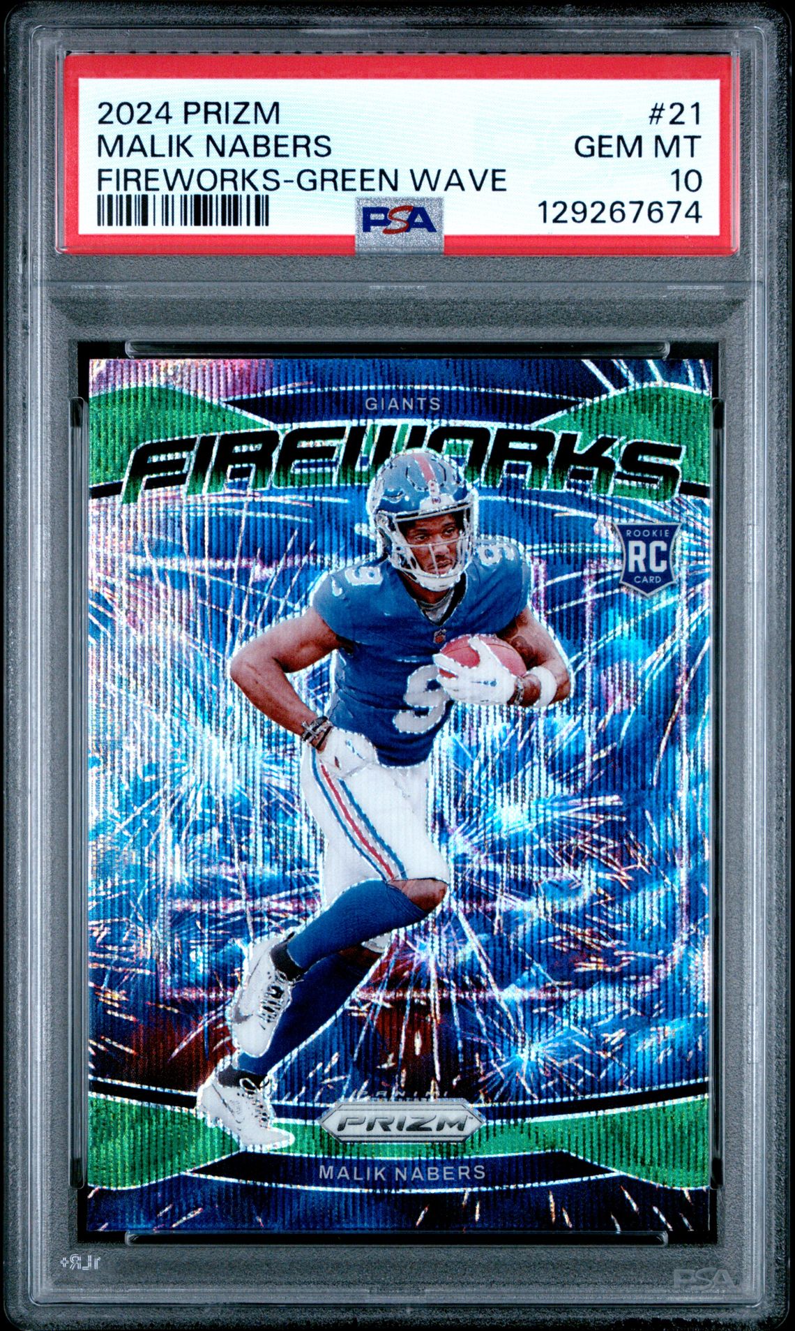2024 Panini Prizm Fireworks Malik Nabers #21 (Fireworks-Green Wave) Gem Mt 10 front