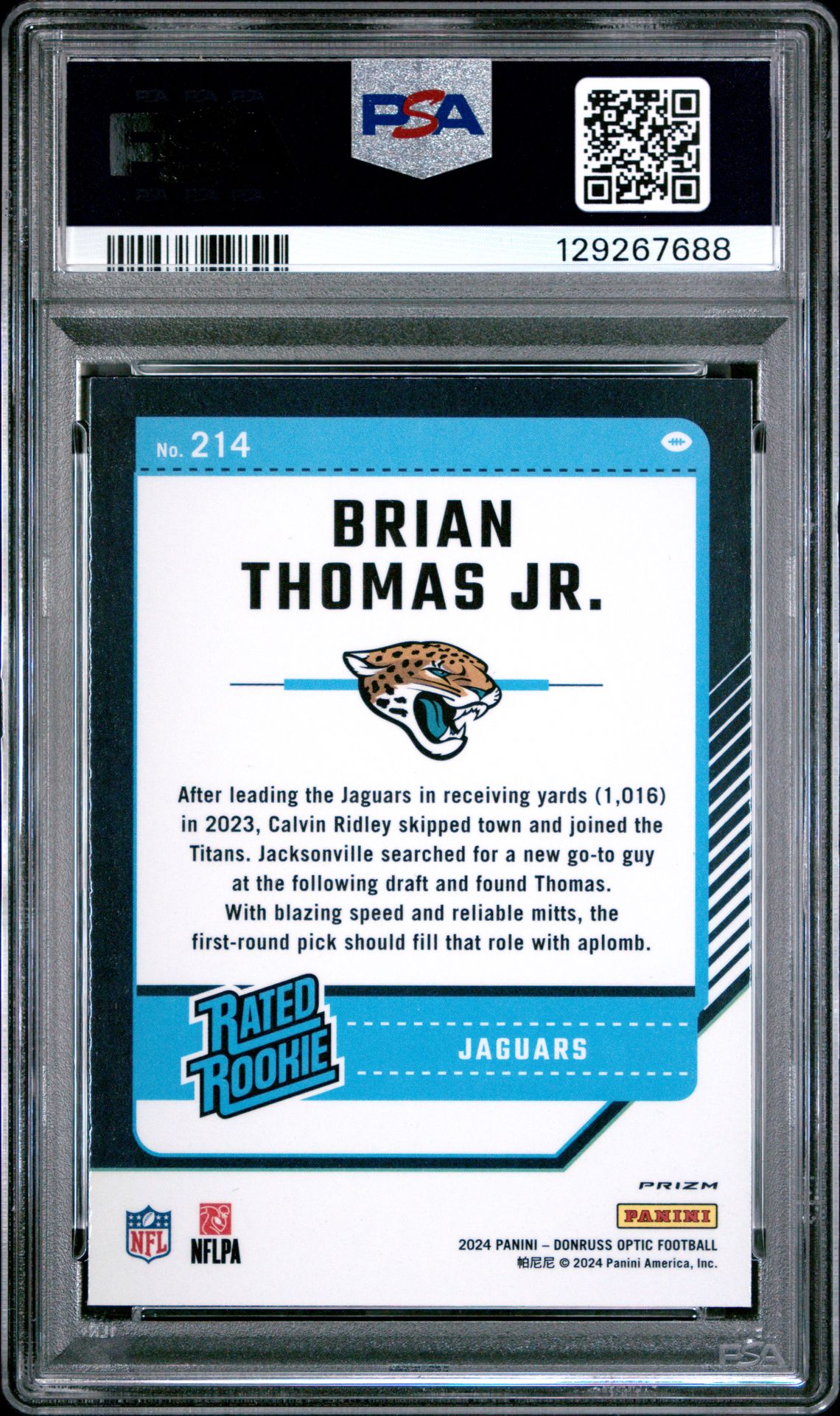 2024 Panini Donruss Optic Brian Thomas Jr. #214 (Purple Shock) Gem Mt 10 back