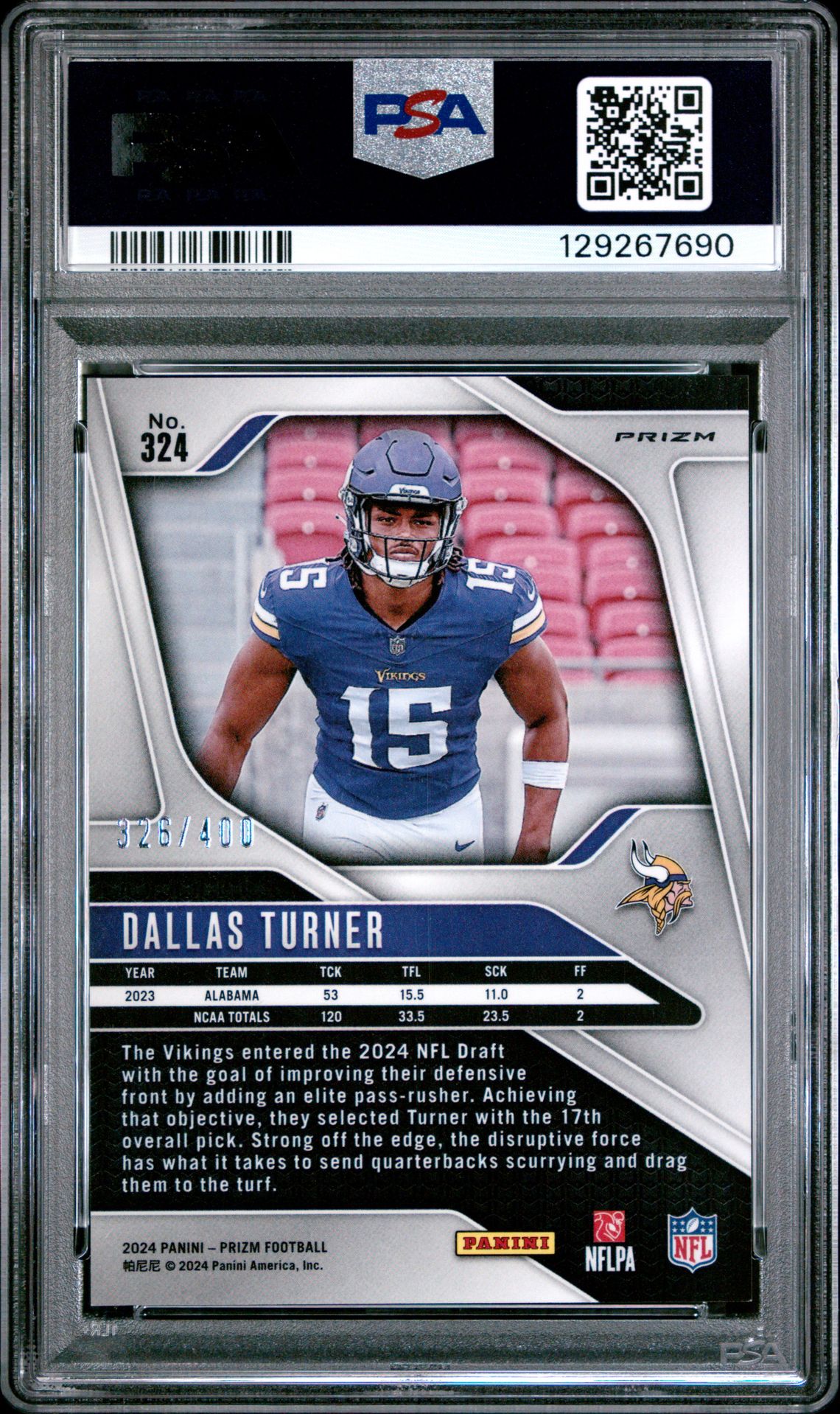 2024 Panini Prizm Dallas Turner #324 (Pandora) Mint 9 back