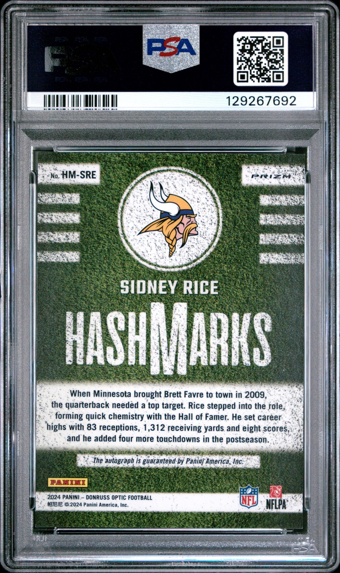 2024 Panini Donruss Optic Hash Marks Sidney Rice #Hmsre Gem Mt 10 back