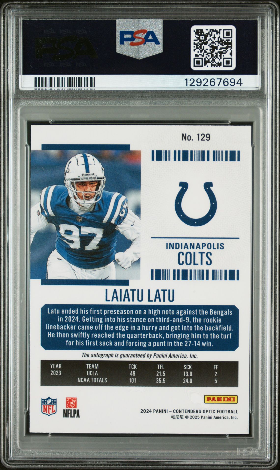 2024 Panini Contenders Optic Laiatu Latu #129 (Autograph) Nm-Mt 8 back