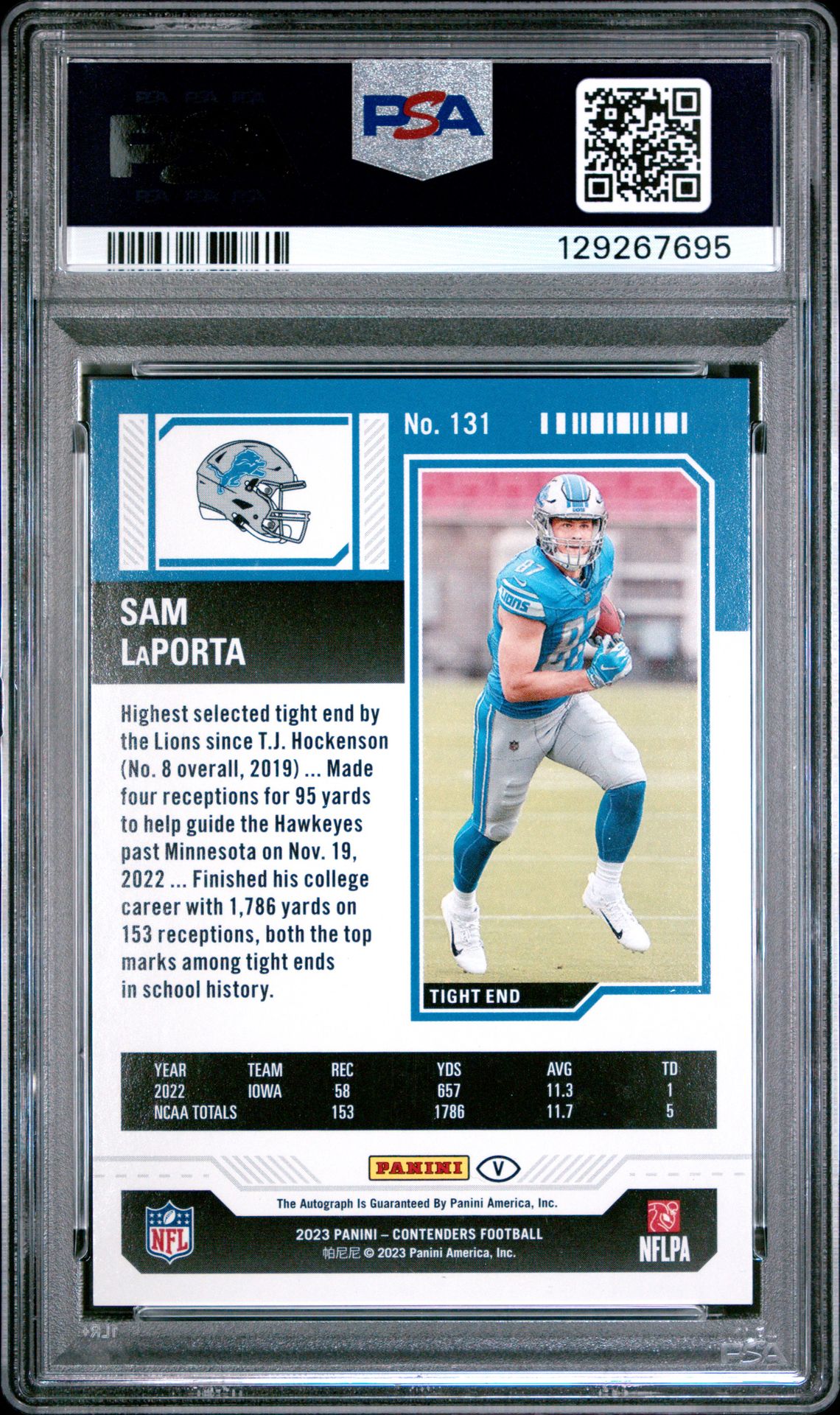 2023 Panini Contenders Sam Laporta #131 (Var-Auto-Conference Ticket) Nm-Mt 8 back