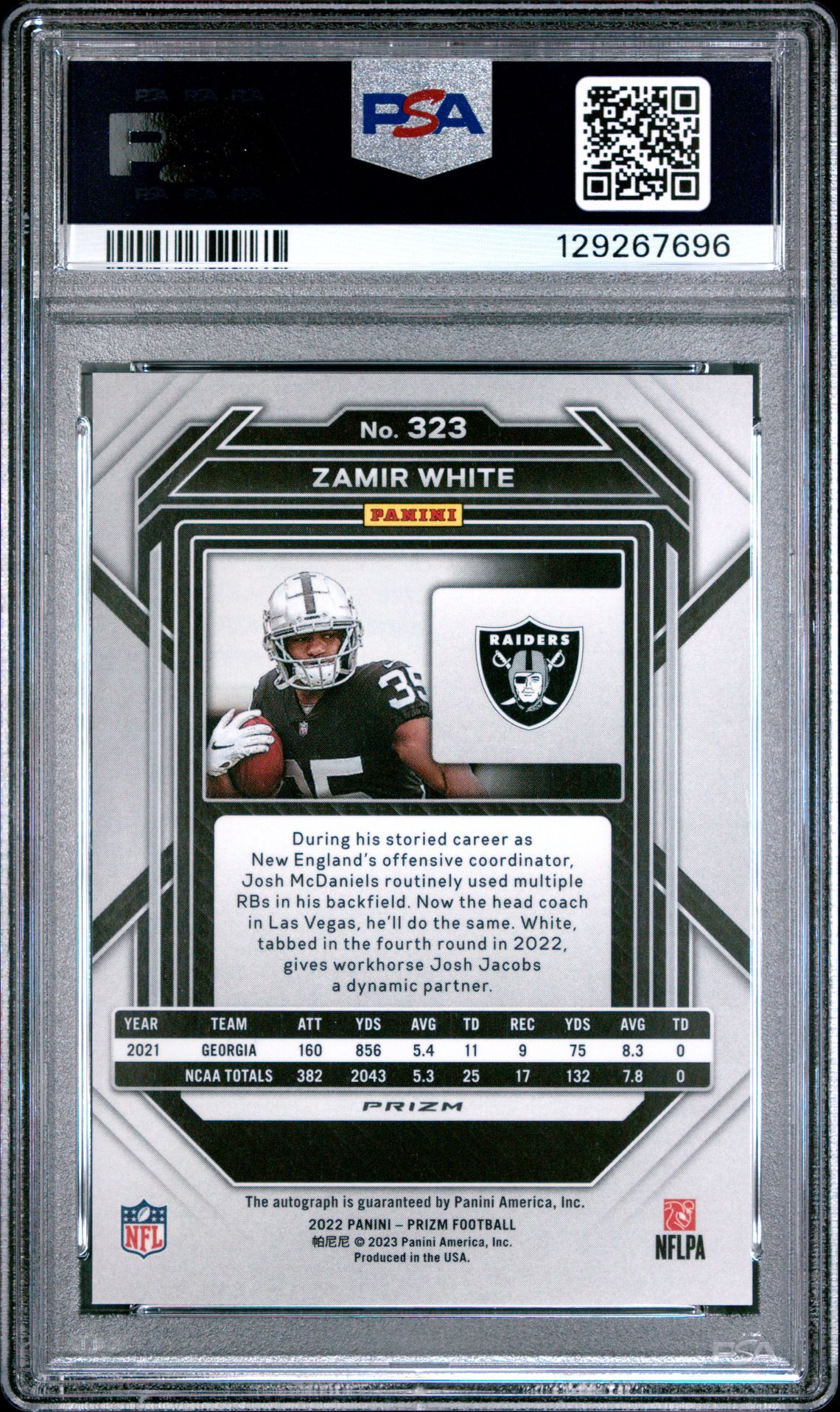 2022 Panini Prizm Zamir White #323 (Autograph) Mint 9 back