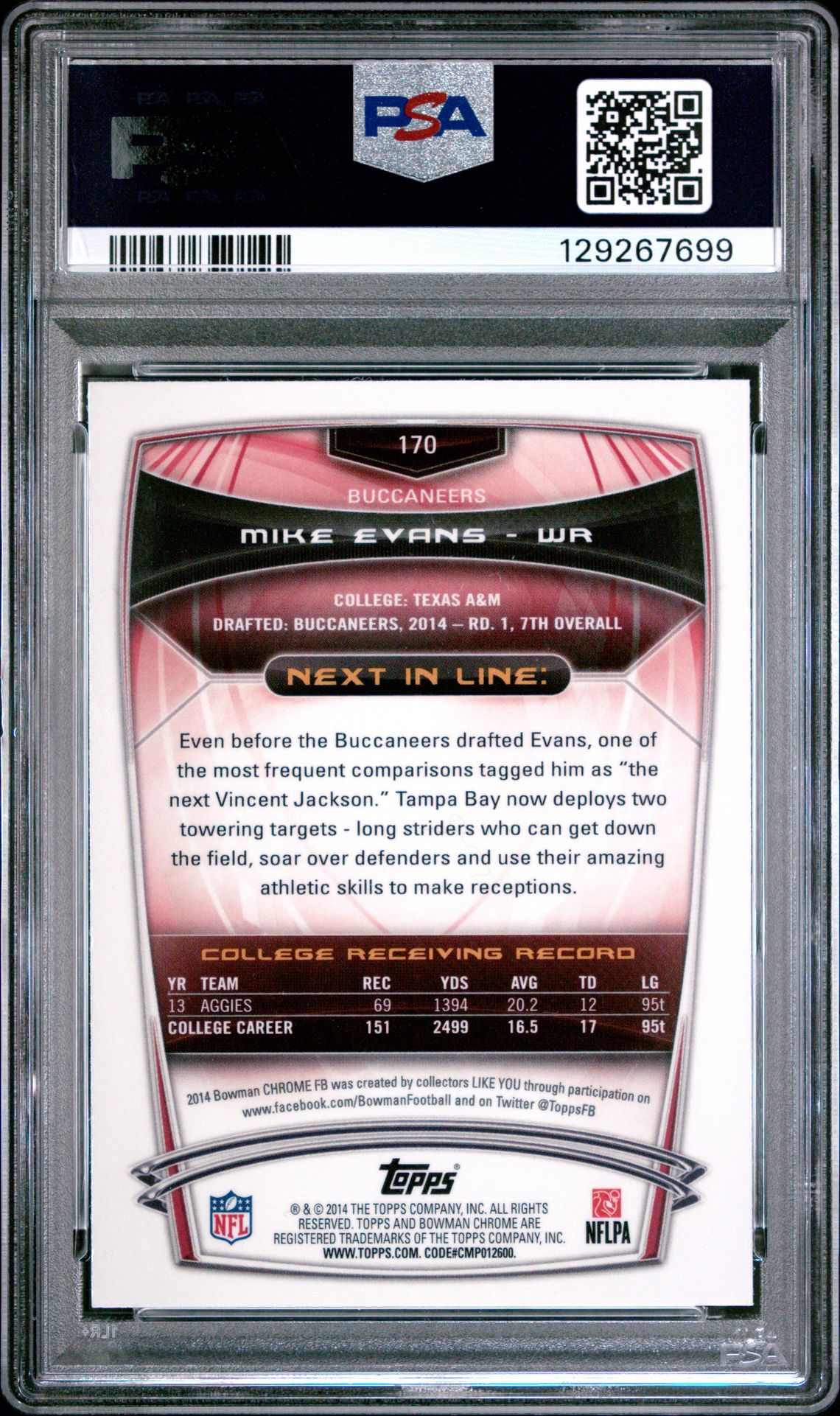 2014 Bowman Chrome Mike Evans #170 (Refractor) Gem Mt 10 back