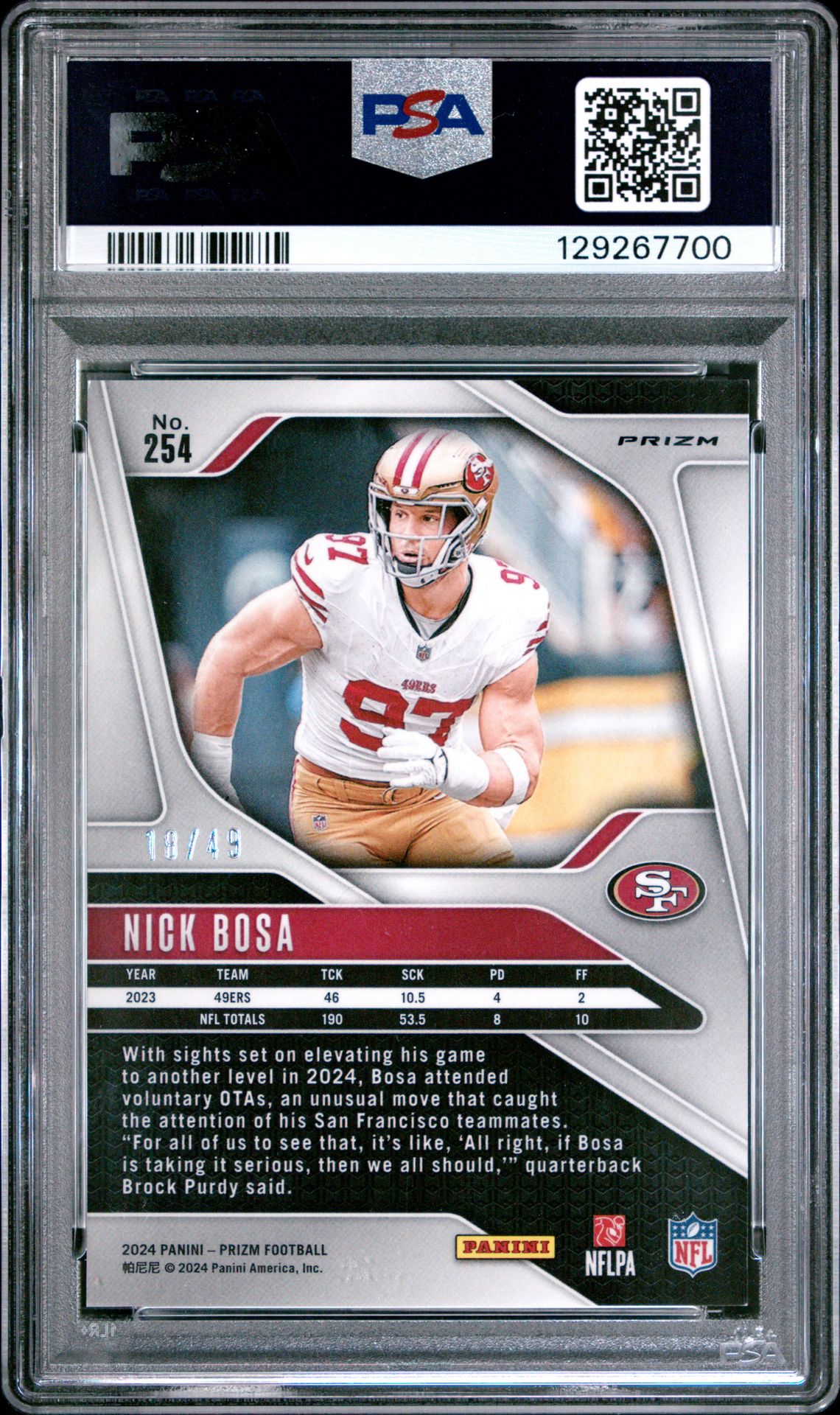 2024 Panini Prizm Nick Bosa #254 (No Huddle Purple) Mint 9 back