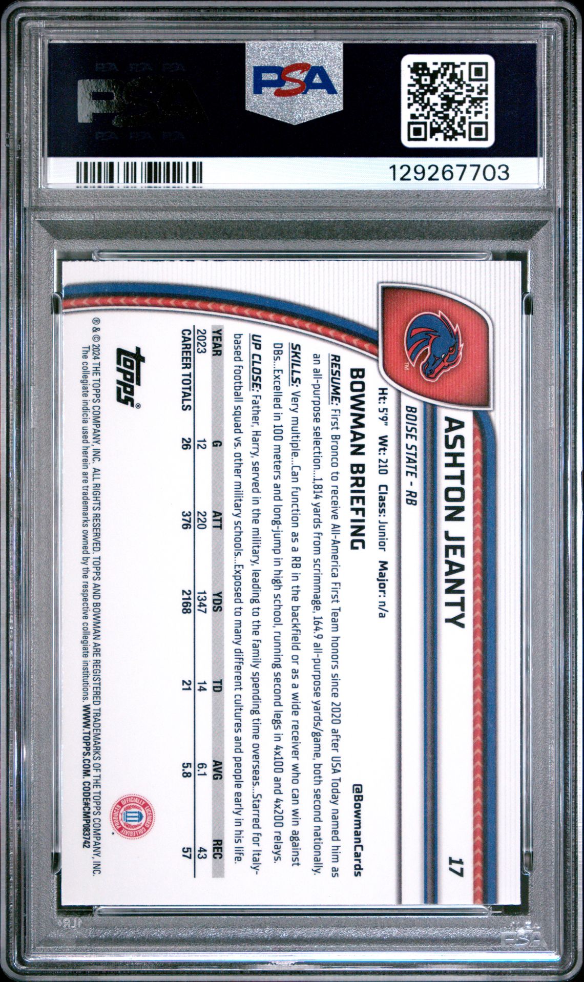 2024 Bowman University Chrome Ashton Jeanty #17 Gem Mt 10 back