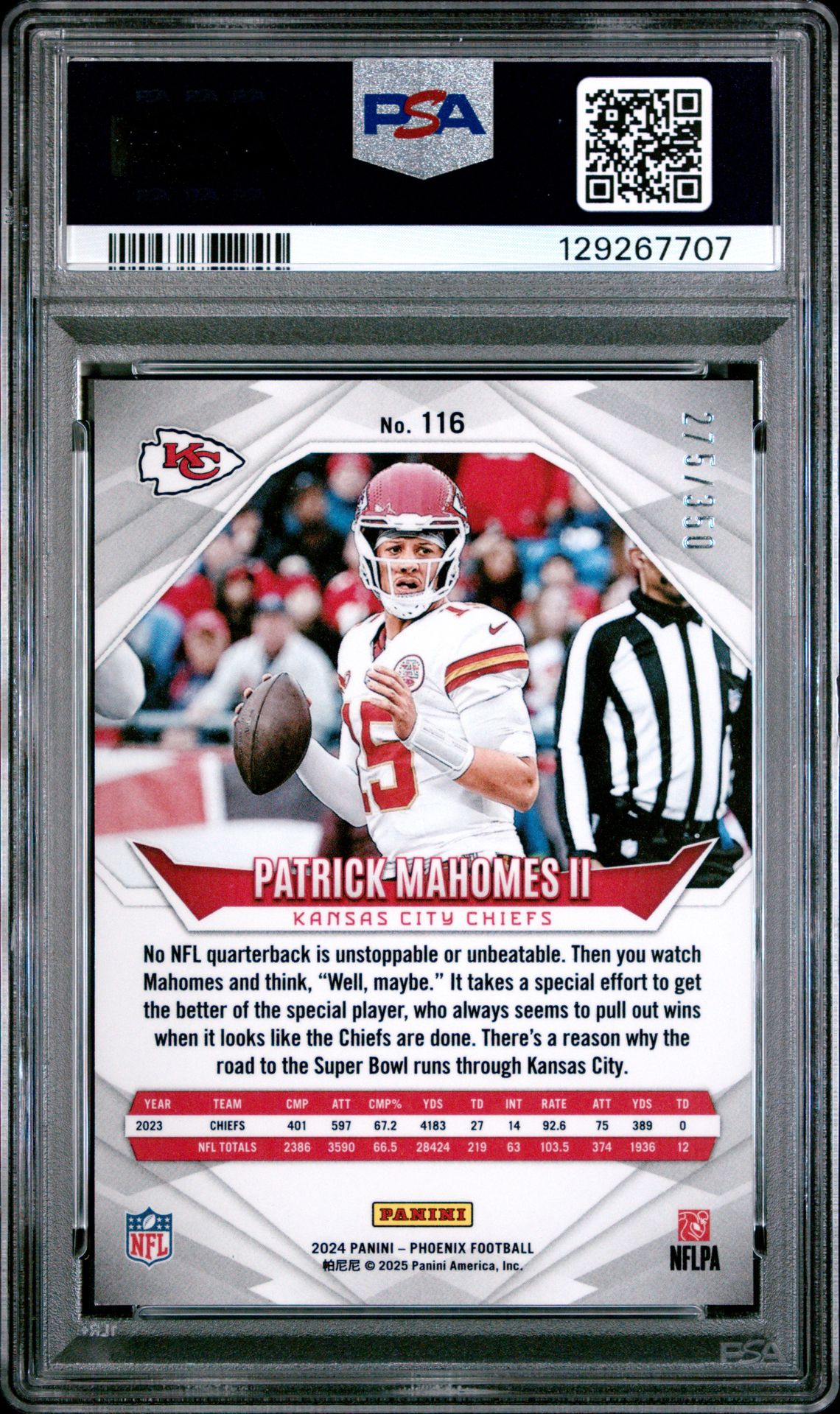 2024 Panini Phoenix Patrick Mahomes Ii #116 (Fireburst) Gem Mt 10 back