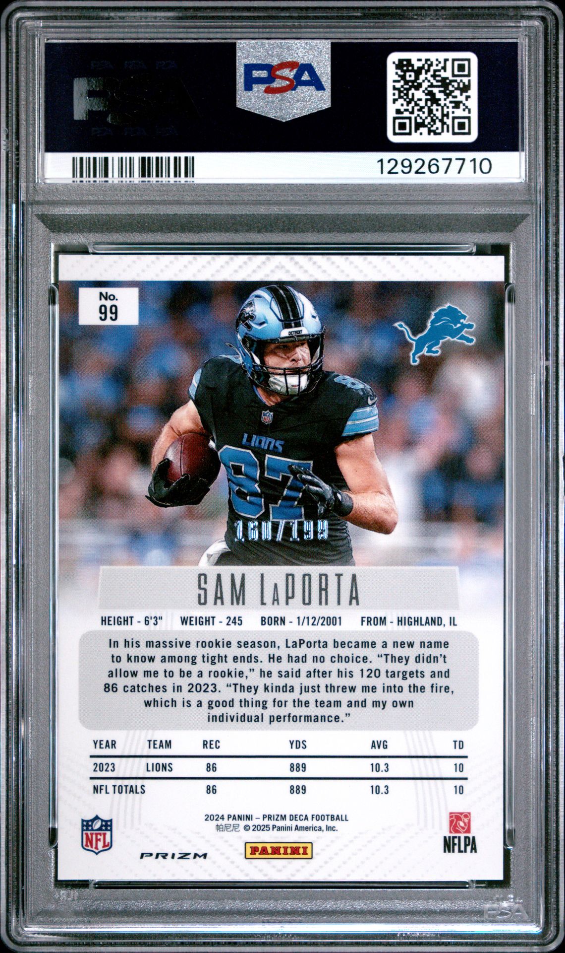 2024 Panini Prizm Deca Sam Laporta #99 (Red Prizm) Mint 9 back