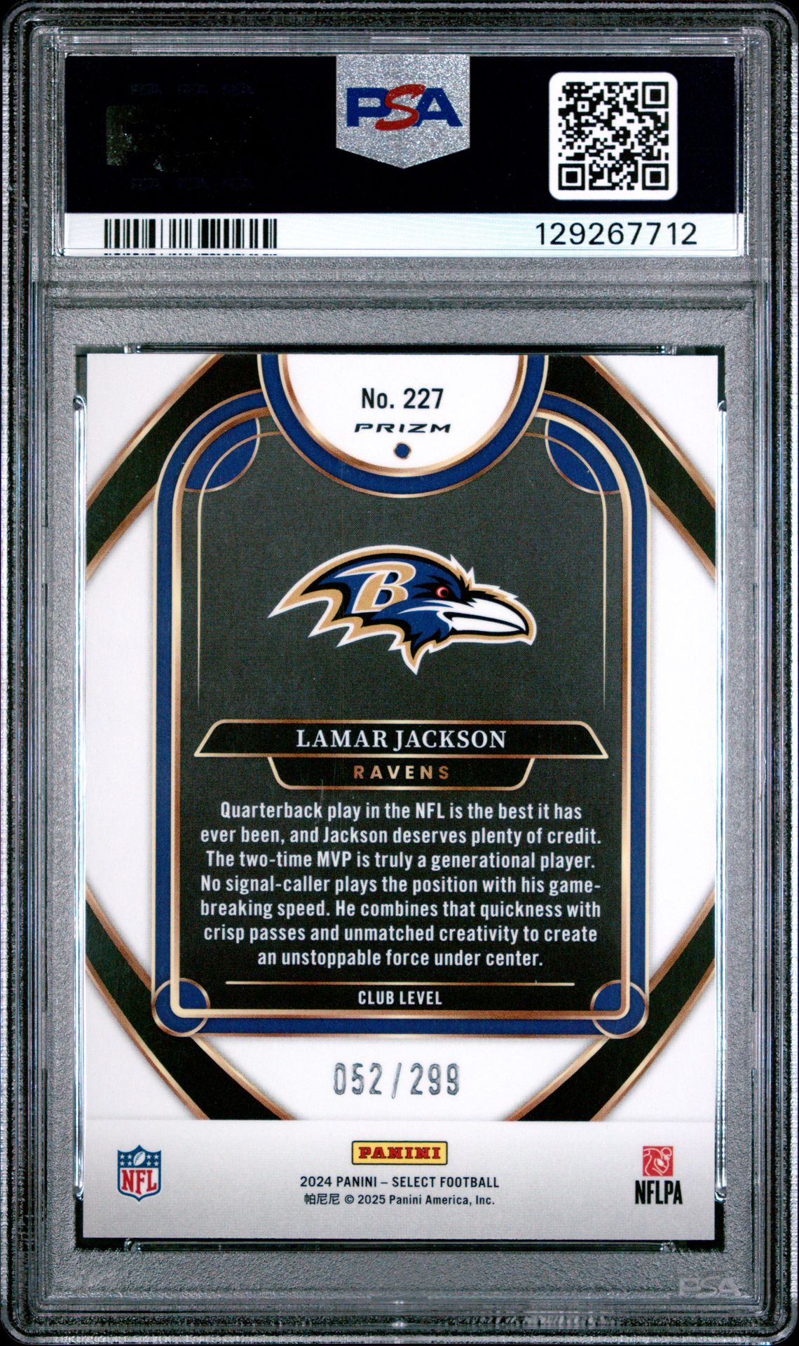 2024 Panini Select Lamar Jackson #227 (Copper Shock) Gem Mt 10 back