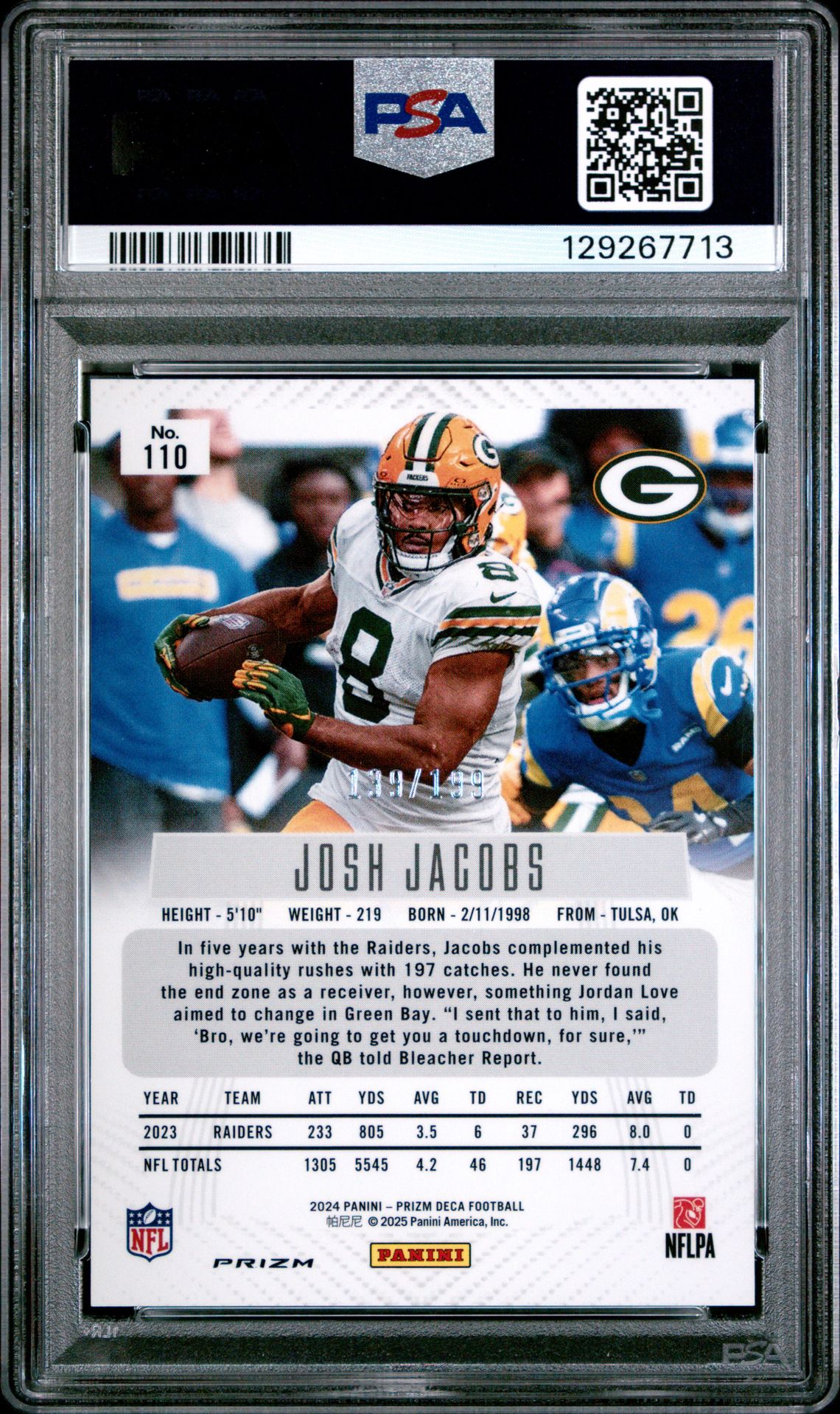 2024 Panini Prizm Deca Josh Jacobs #110 (Red Prizm) Mint 9 back