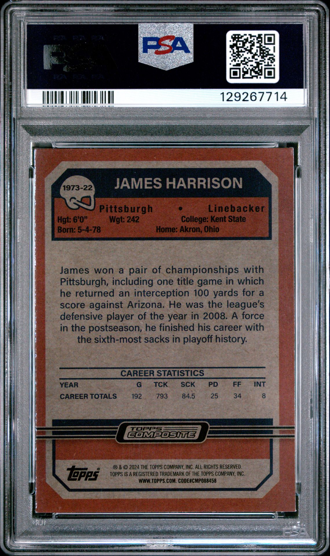 2023 Topps Composite 1973 Topps Football Chrome James Harrison #22 ('73 Topps Fb Chr-Blue Ref) Mint 9 back