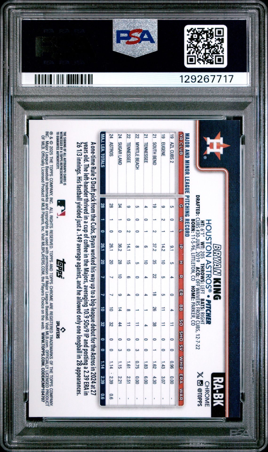 2025 Topps Chrome Rookie Autographs Bryan King #Rabk (Rookie Auto-Aqua Wave) Gem Mt 10 back