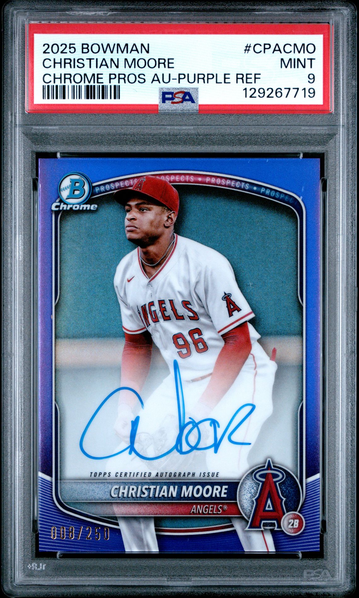 2025 Bowman Chrome Prospect Autographs Christian Moore #Cpacmo (Chrome Pros Au-Purple Ref) Mint 9 front