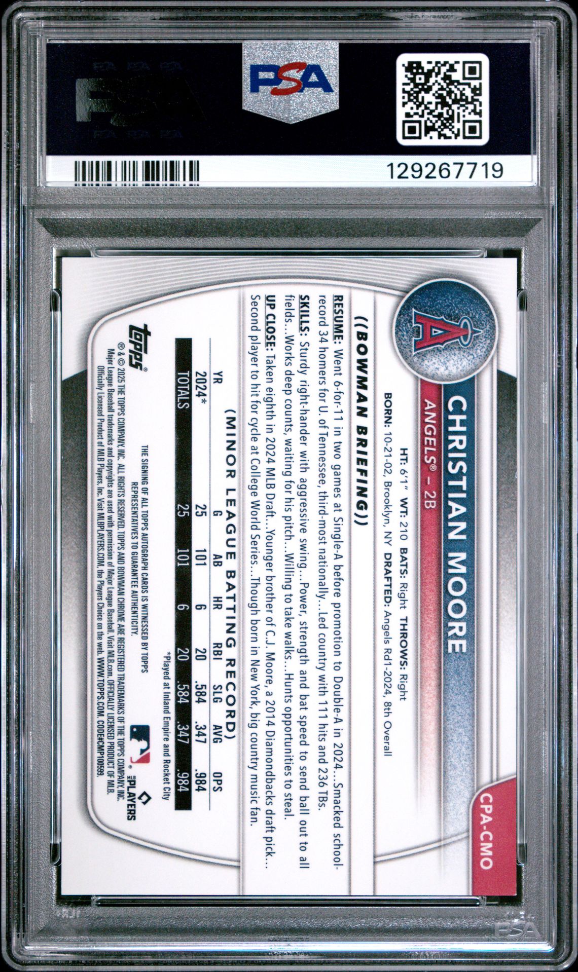 2025 Bowman Chrome Prospect Autographs Christian Moore #Cpacmo (Chrome Pros Au-Purple Ref) Mint 9 back