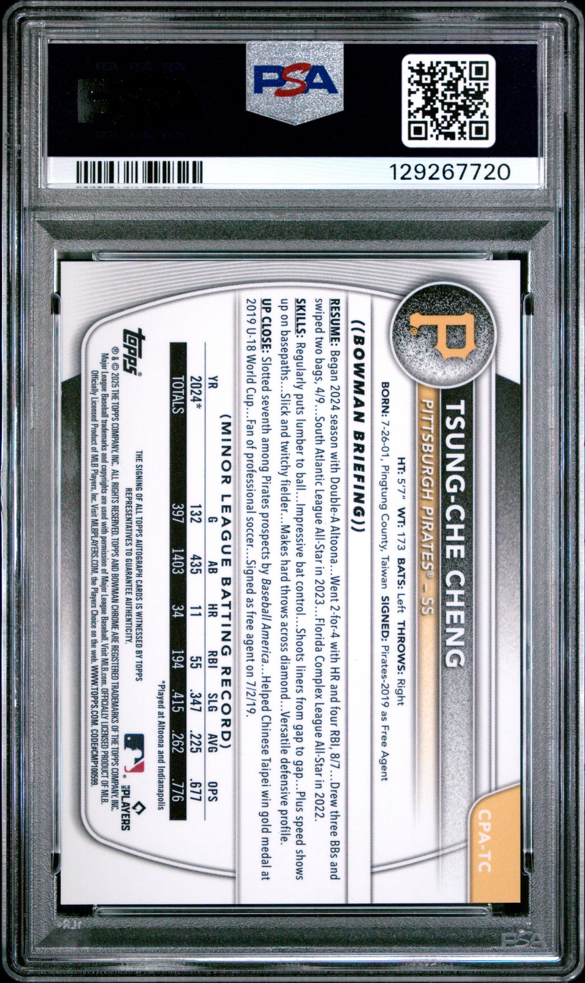 2025 Bowman Chrome Prospect Autographs Tsung-Che Cheng #Cpatc Mint 9 back