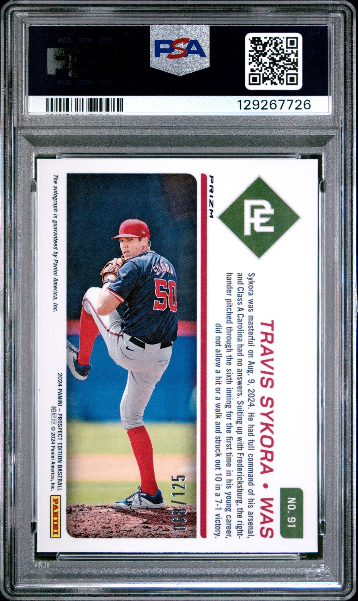 2024 Panini Prospect Edition Prospect Ticket Travis Sykora #91 (Pros Ticket-Sig-Purple) Gem Mt 10 back view - PSA certificate #129267726