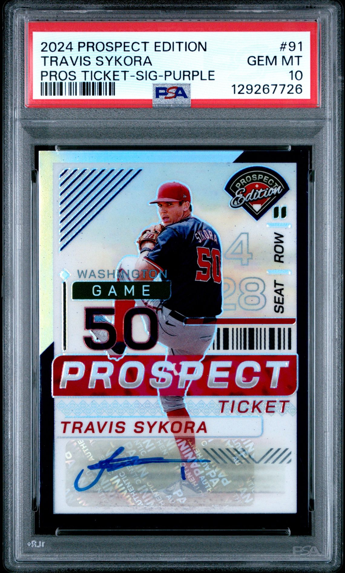 2024 Panini Prospect Edition Prospect Ticket Travis Sykora #91 (Pros Ticket-Sig-Purple) Gem Mt 10 front view - PSA graded GEM MT 10