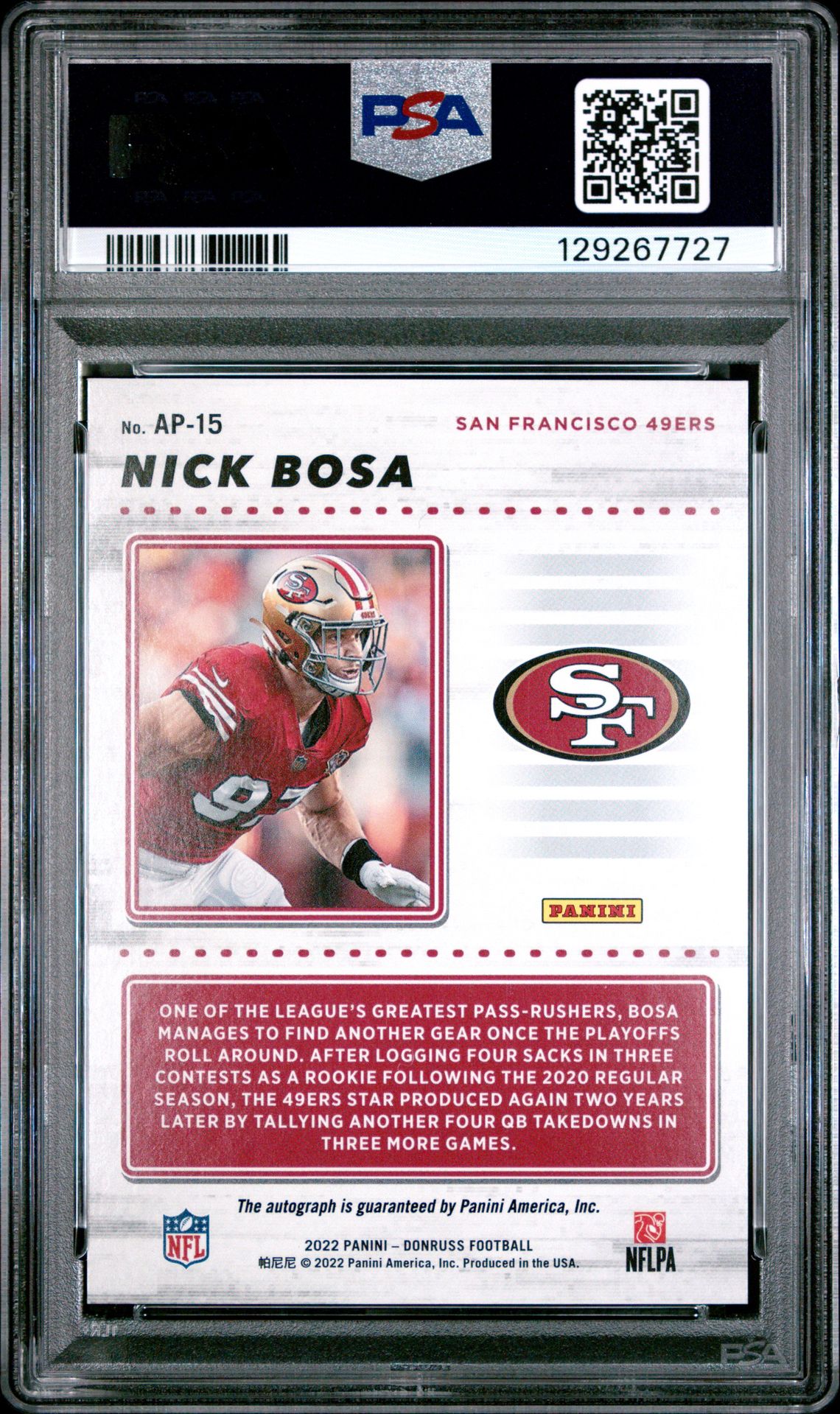 2022 Panini Donruss Action All-Pros Nick Bosa #Ap15 (Action All-Pros-Auto.) Gem Mt 10 back