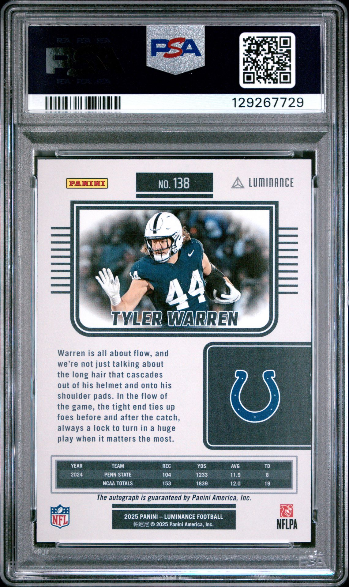2025 Panini Luminance Tyler Warren #138 (Autograph-Blue) Gem Mt 10 back view - PSA certificate #129267729
