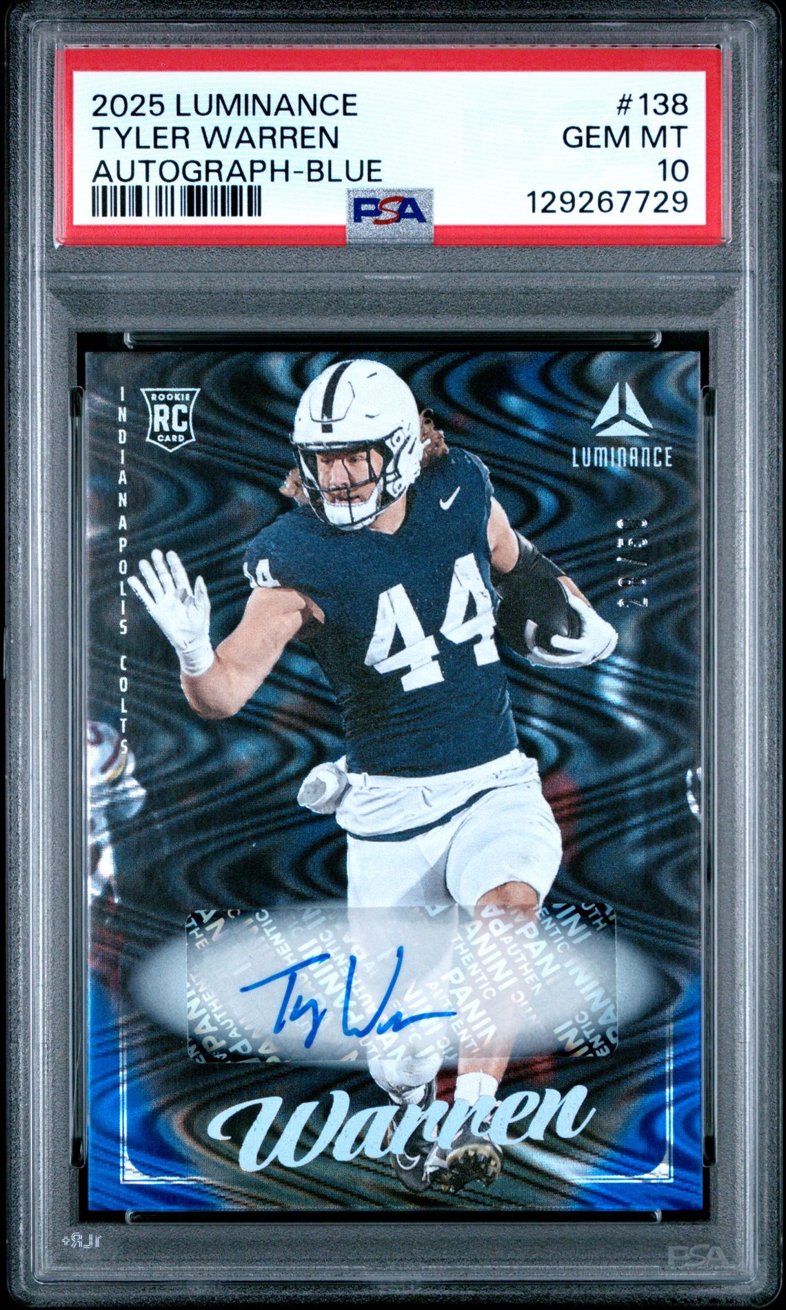 2025 Panini Luminance Tyler Warren #138 (Autograph-Blue) Gem Mt 10 front view - PSA graded GEM MT 10