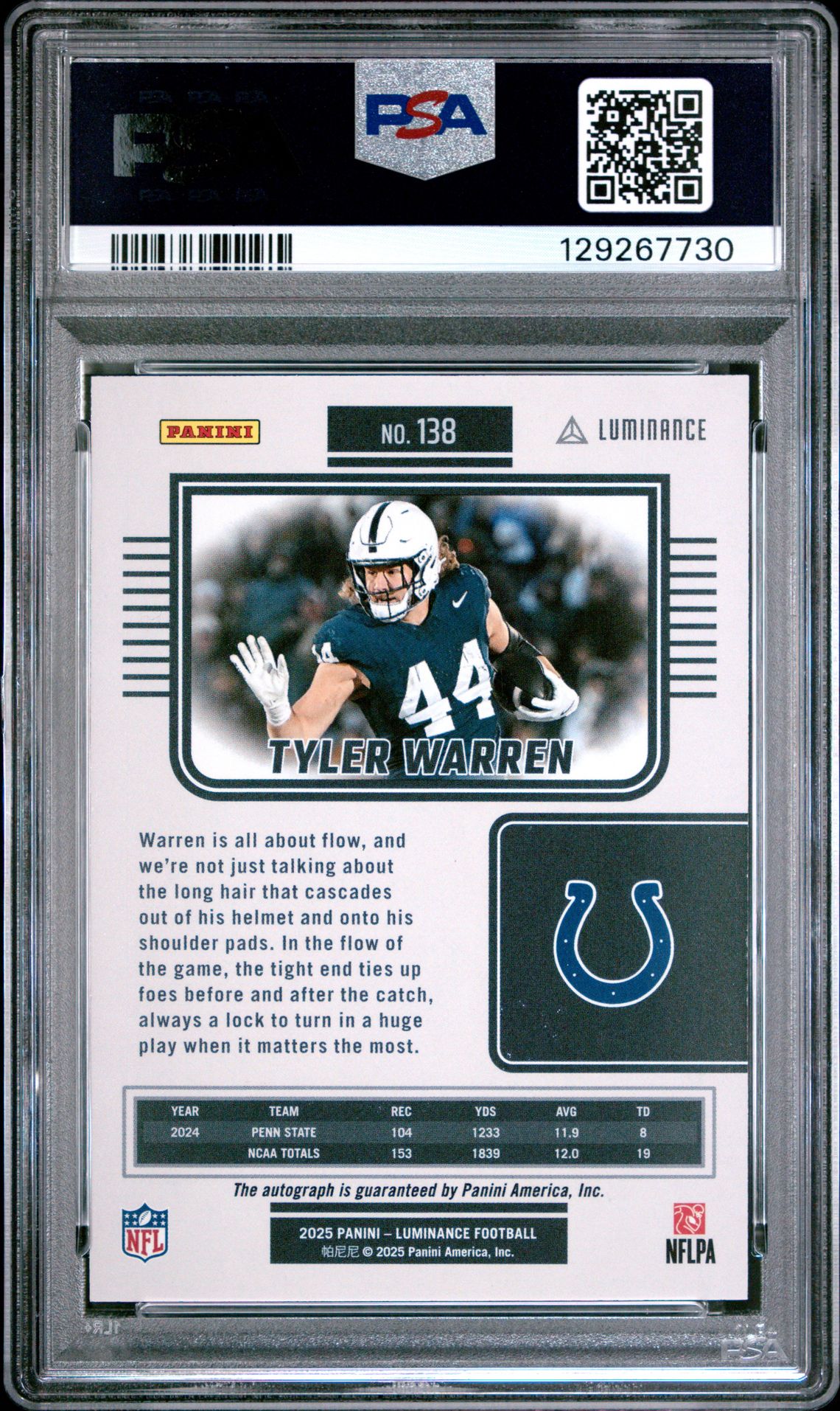 2025 Panini Luminance Tyler Warren #138 (Autograph) Gem Mt 10 back