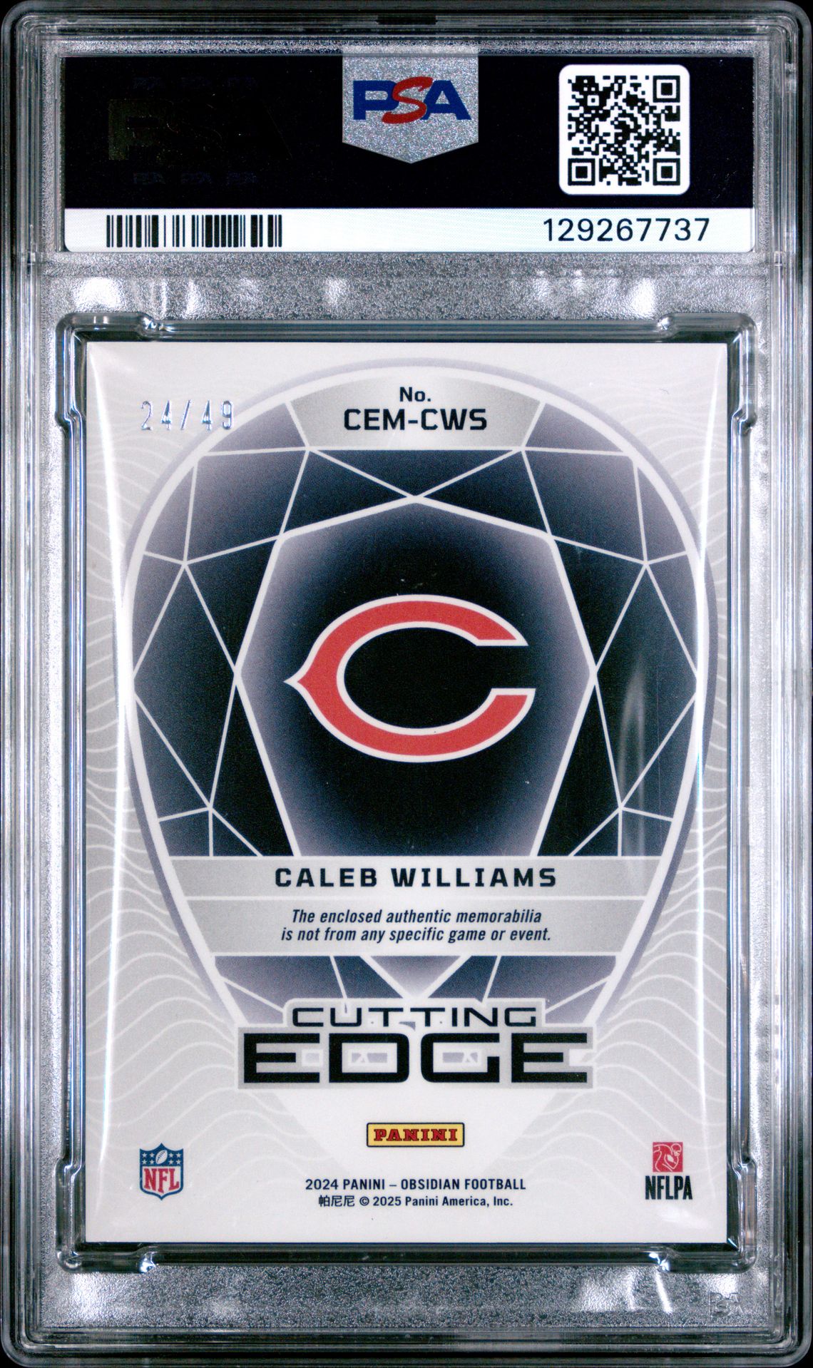 2024 Panini Obsidian Cutting Edge Materials Caleb Williams #Cemcws (Cutting Edge Mat-Purple) Mint 9 back