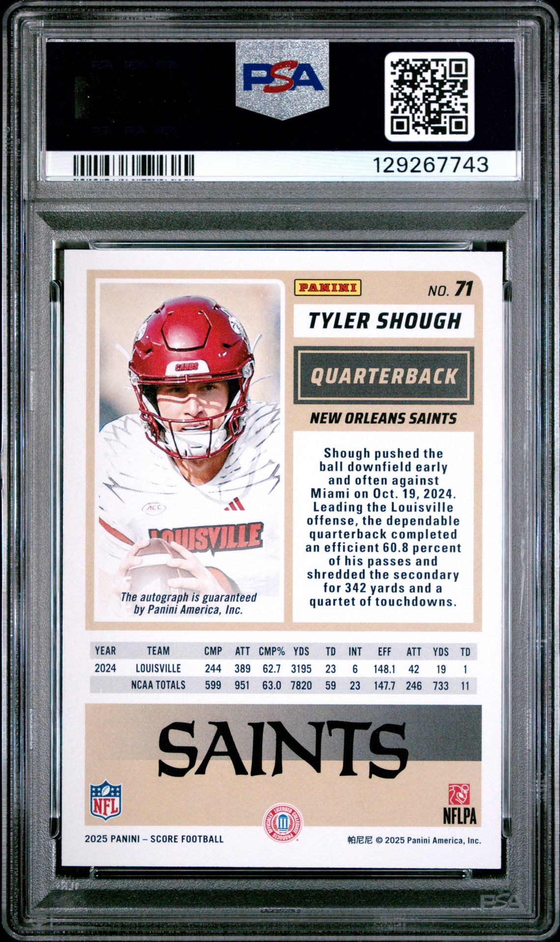 2025 Panini Score Tyler Shough #71 (Signature) Mint 9 back
