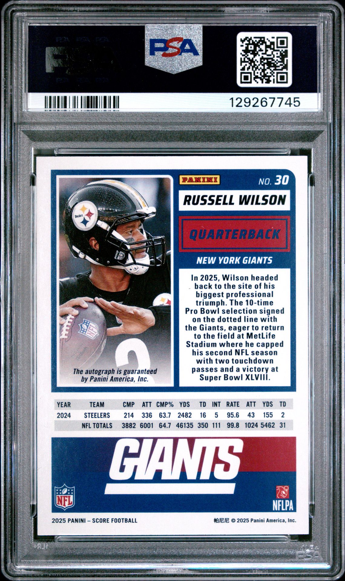 2025 Panini Score Russell Wilson #30 (Signature) Gem Mt 10 back