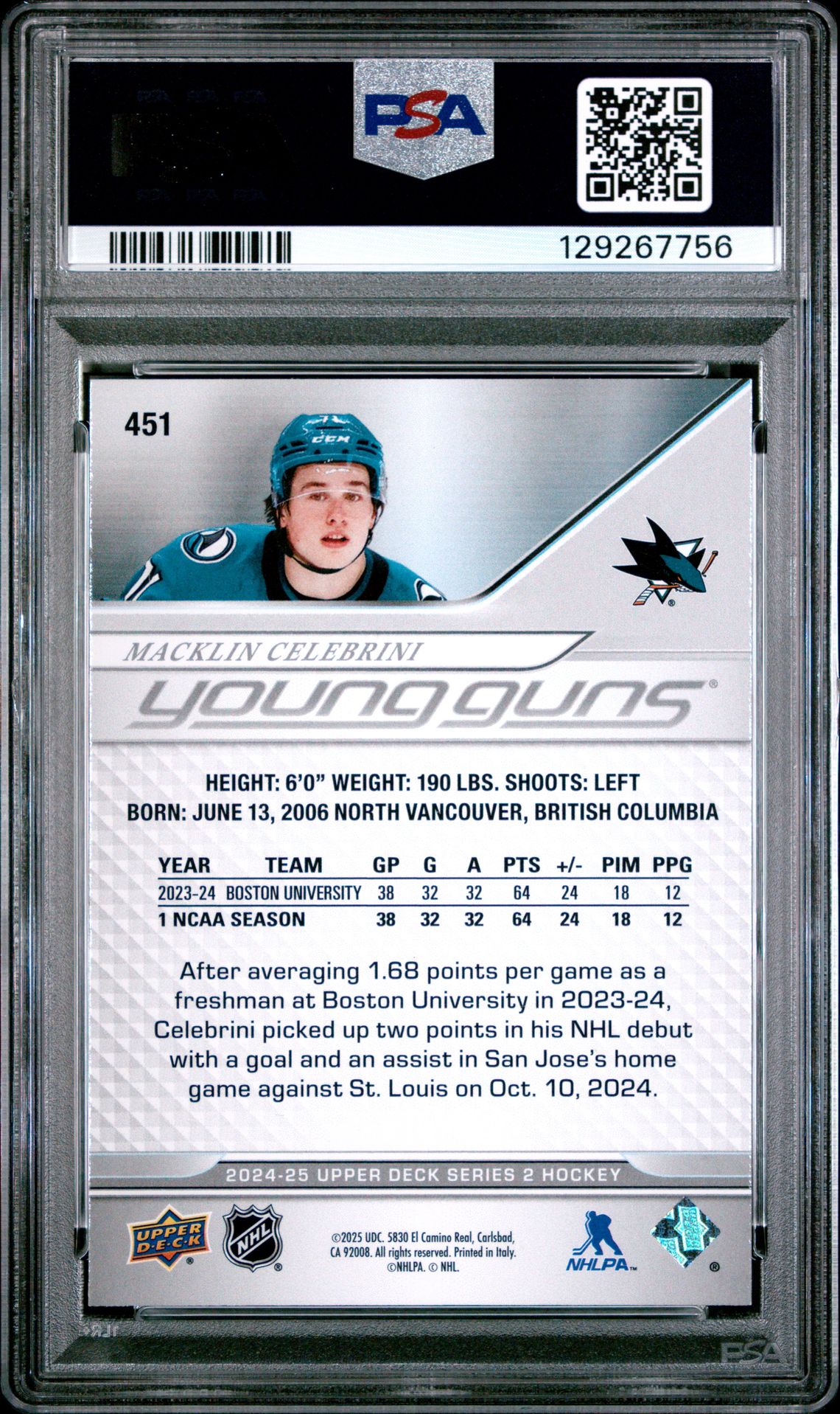 2024 Upper Deck Macklin Celebrini #451 Mint 9 back